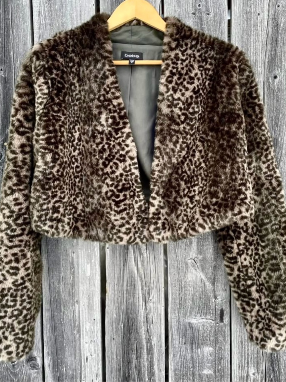 bebe Brown Leopard Faux Fur Cropped Jacket